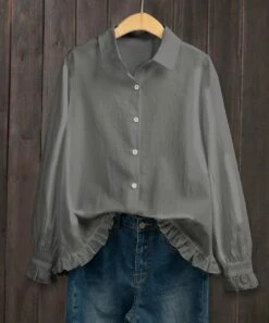 Top 10 🔥 IZURIA Gray Ruffle-Accent Linen-Blend Button-Up - 👩 Women & Plus 🤩
