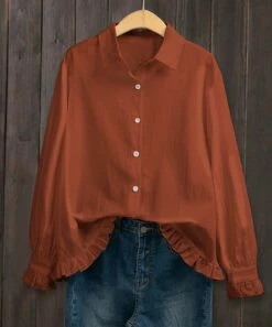 Top 10 🧨 IZURIA Rust Ruffle-Hem Poet-Sleeve Button-Up - Plus 🛒