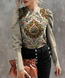 Best deal 🔥 IZURIA Apricot & Brown Arabesque Button-Accent Mutton-Sleeve Top - 👩 Women & Plus 🤩
