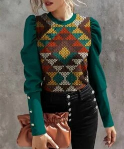 New ✔️ IZURIA Green & Yellow Geometric Button-Accent Mutton-Sleeve Top - Plus 🎁
