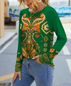 Cheapest 🥰 IZURIA Green & Orange Arabesque Long-Sleeve Raglan Top - 👩 Women 🌟