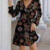 Hot Sale ⭐ IZURIA Black & Purple Floral Long-Sleeve Empire-Waist Surplice 👗 Dress - 👩 Women 🔔