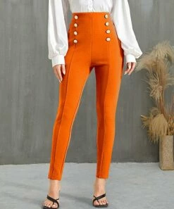 Deals 🛒 IZURIA Orange Button-Accent Elastic-Waist Crop Skinny Pants - 👩 Women & Plus 🧨