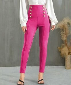 Discount 🤩 IZURIA Fuchsia Button-Accent Elastic-Waist Crop Skinny Pants - 👩 Women 🥰