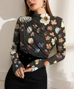 New 🌟 IZURIA Coffee Floral Ruched-Front Long-Sleeve Top - 👩 Women 👏
