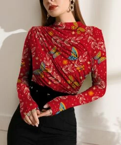 Best Sale 👏 IZURIA Red & Blue Butterfly Floral Ruched-Front Long-Sleeve Top - Plus ✔️