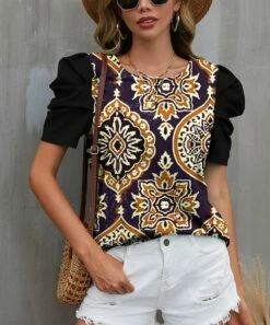 Buy 🔔 IZURIA Black & Purple Medallion Puff-Sleeve Crewneck Top - 👩 Women & Plus 🛒