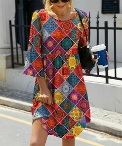 Deals 🌟 IZURIA Red & Blue Mandala Patchwork Bell-Sleeve Empire-Waist 👗 Dress - Plus ✔️