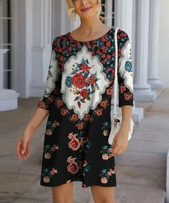 Cheap 🎉 IZURIA Black & Red Floral Three-Quarter Sleeve Shift 👗 Dress - 👩 Women 🤩