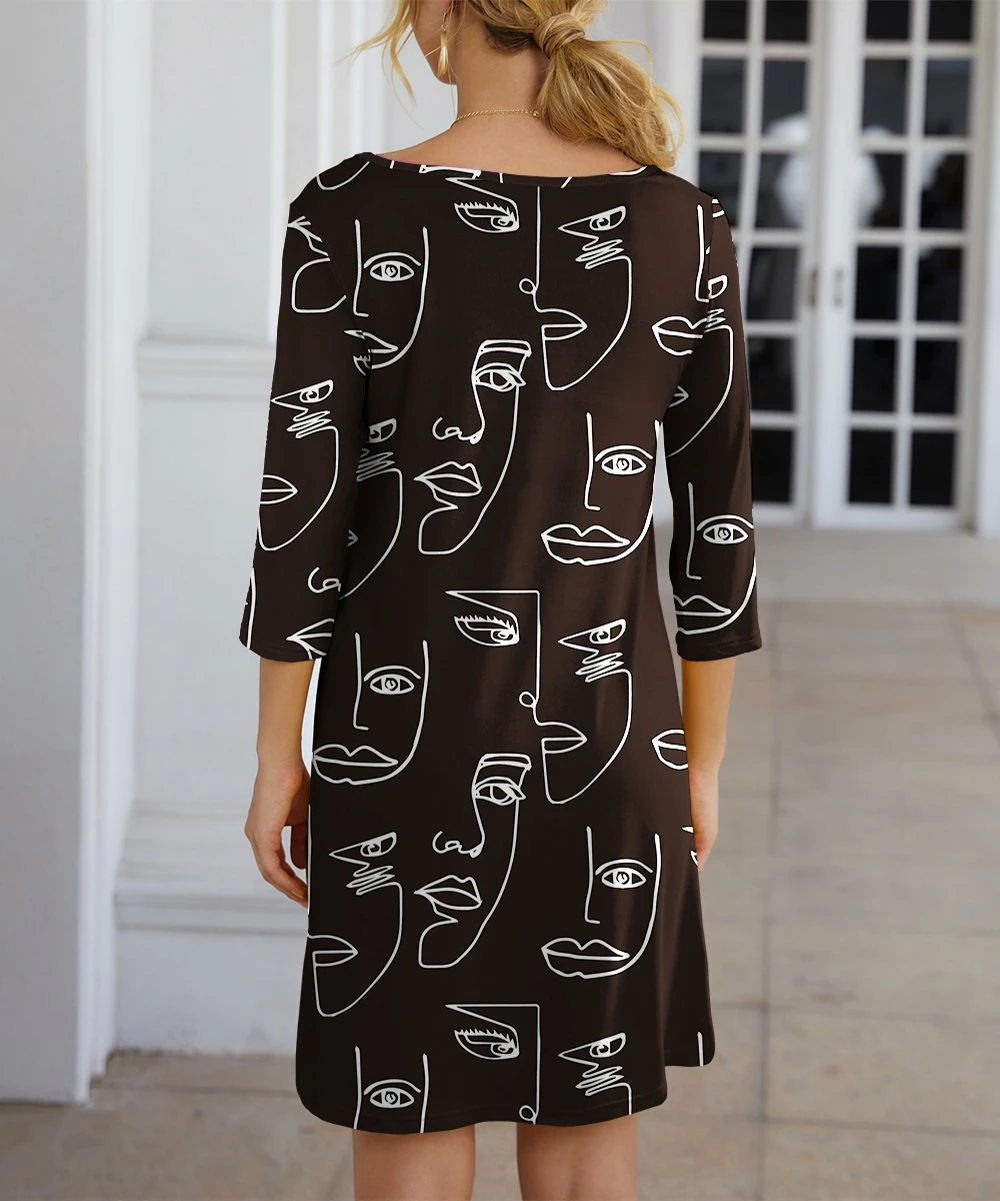 Coupon β€οΈ IZURIA Black Abstract Faces Three-Quarter Sleeve Shift π Dress - Plus β¨ 2 Coupon β€οΈ IZURIA Black Abstract Faces Three-Quarter Sleeve Shift π Dress - Plus β¨ - Image 2