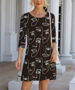 Coupon ❤️ IZURIA Black Abstract Faces Three-Quarter Sleeve Shift 👗 Dress - Plus ✨