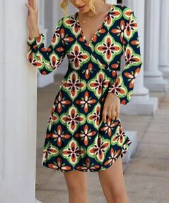 New 🎁 IZURIA Navy & Green Abstract Long-Sleeve Surplice 👗 Dress - 👩 Women 🛒