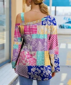 Hot Sale 🛒 IZURIA Purple & Blue Patchwork Floral Off-Shoulder Tunic - 👩 Women 🛒 -IZURIA Sales Store zu98895279 alt 1 tm1630522935