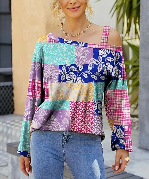 Hot Sale π IZURIA Purple & Blue Patchwork Floral Off-Shoulder Tunic - π© Women π 4 Hot Sale π IZURIA Purple & Blue Patchwork Floral Off-Shoulder Tunic - π© Women π -IZURIA Sales Store zu98895279 main tm1630523817