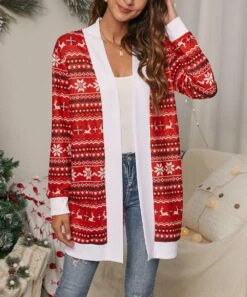 Best deal 🎉 IZURIA White & Red Geometric Stripe Reindeer Longline Open Cardigan - 👩 Women 🎁 -IZURIA Sales Store zu98961807 alt 2 tm1631118359