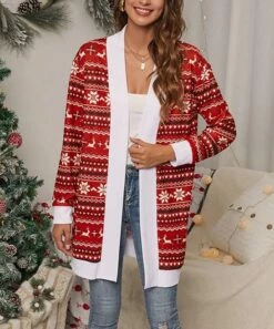 Best deal 🎉 IZURIA White & Red Geometric Stripe Reindeer Longline Open Cardigan - 👩 Women 🎁