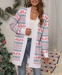 Coupon 😀 IZURIA Red & White Hearts Reindeer Longline Open Cardigan - 👩 Women 🌟 -IZURIA Sales Store zu98966244 alt 2 tm1631118359