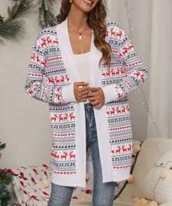 Coupon 😀 IZURIA Red & White Hearts Reindeer Longline Open Cardigan - 👩 Women 🌟