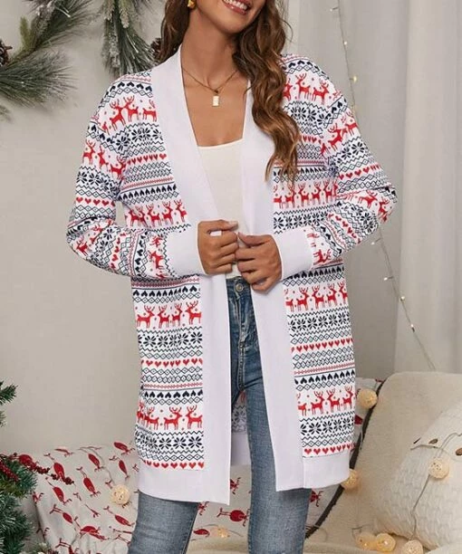 Coupon 😀 IZURIA Red & White Hearts Reindeer Longline Open Cardigan - 👩 Women 🌟 -IZURIA Sales Store zu98966244 main tm1631118359