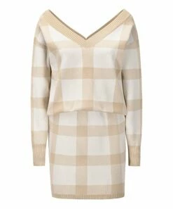 Flash Sale 🤩 IZURIA Khaki & Cream Windowpane V-Neck Sweater & 👗 Skirt - 👩 Women 💯