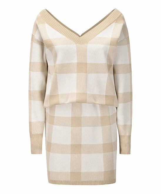 Flash Sale 🤩 IZURIA Khaki & Cream Windowpane V-Neck Sweater & 👗 Skirt - 👩 Women 💯 1 Flash Sale 🤩 IZURIA Khaki & Cream Windowpane V-Neck Sweater & 👗 Skirt - 👩 Women 💯