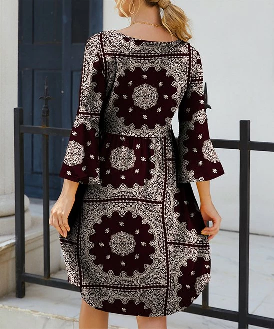 Wholesale π― IZURIA Coffee & White Paisley Floral Bell-Sleeve Empire-Waist π Dress - π© Women π 2 Wholesale π― IZURIA Coffee & White Paisley Floral Bell-Sleeve Empire-Waist π Dress - π© Women π - Image 2