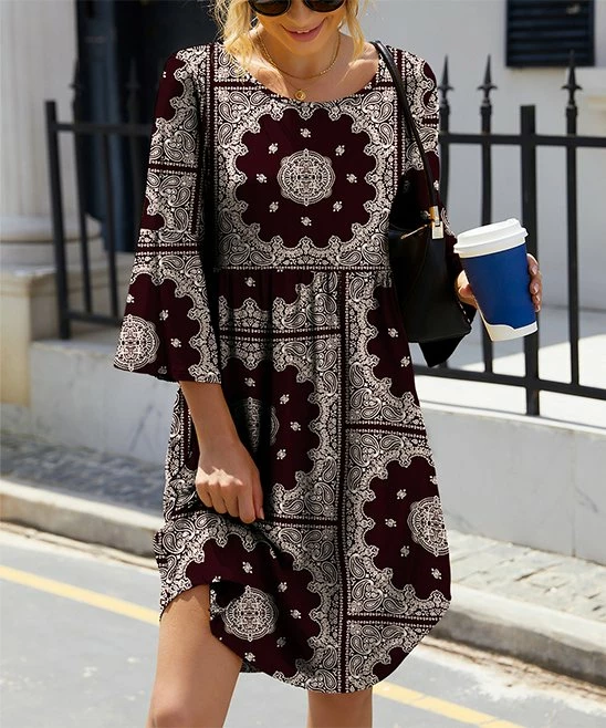 Wholesale π― IZURIA Coffee & White Paisley Floral Bell-Sleeve Empire-Waist π Dress - π© Women π 1 Wholesale π― IZURIA Coffee & White Paisley Floral Bell-Sleeve Empire-Waist π Dress - π© Women π
