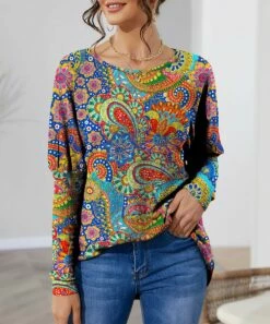 Deals 🥰 IZURIA Blue & Yellow Paisley Waffle-Knit Bishop-Sleeve Top - 👩 Women & Plus ✔️
