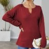 Buy ✨ IZURIA Burgundy Waffle-Knit Long-Sleeve Notch Neck Tunic - 👩 Women 🌟