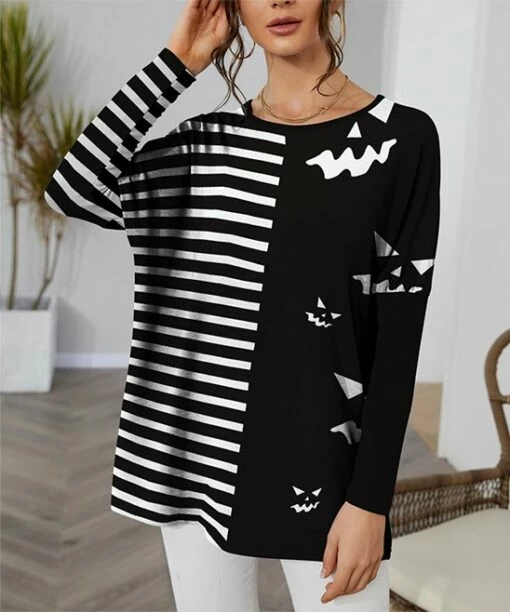 Hot Sale 🎉 IZURIA White & Black Stripe Jack-O'-Lantern Contrast-Sleeve Dolman Tunic - 👩 Women & Plus 🥰 -IZURIA Sales Store zu99236686 main tm1631908158