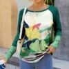 Coupon 🔔 IZURIA Peacock & Green Floral Contrast Sleeve Raglan Tee - 👩 Women ✔️