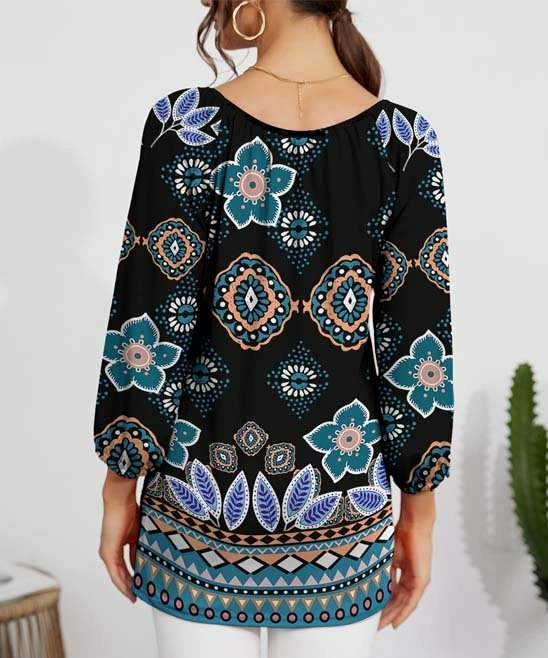 Best Pirce β¨ IZURIA Black & Blue Geometric V-Neck Three-Quarter Sleeve Top - Plus π 2 Best Pirce β¨ IZURIA Black & Blue Geometric V-Neck Three-Quarter Sleeve Top - Plus π - Image 2