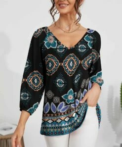 Best Pirce ✨ IZURIA Black & Blue Geometric V-Neck Three-Quarter Sleeve Top - Plus 👍