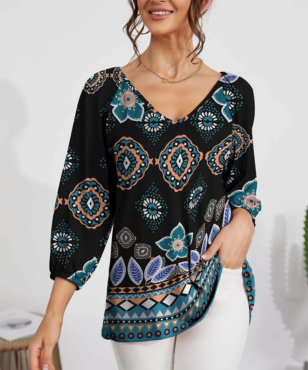 Best Pirce β¨ IZURIA Black & Blue Geometric V-Neck Three-Quarter Sleeve Top - Plus π 1 Best Pirce β¨ IZURIA Black & Blue Geometric V-Neck Three-Quarter Sleeve Top - Plus π