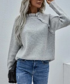 Coupon ⌛ IZURIA Gray Ruffle-Neck Button-Accent Long-Sleeve Sweater - 👩 Women 🌟 -IZURIA Sales Store zu99533743 alt 2 tm1632243716