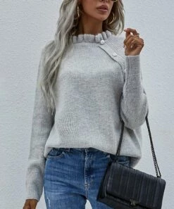 Coupon ⌛ IZURIA Gray Ruffle-Neck Button-Accent Long-Sleeve Sweater - 👩 Women 🌟 -IZURIA Sales Store zu99533743 alt 3 tm1632243716