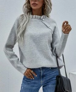 Coupon ⌛ IZURIA Gray Ruffle-Neck Button-Accent Long-Sleeve Sweater - 👩 Women 🌟