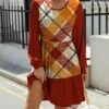 Promo ✨ IZURIA Burgundy & Orange Plaid Long-Sleeve Tiered A-Line 👗 Dress - 👩 Women ⭐