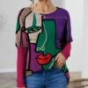 Coupon 🛒 IZURIA Fuchsia & Purple Abstract Face Balloon-Sleeve Waffle-Knit Tunic - 👩 Women 👏