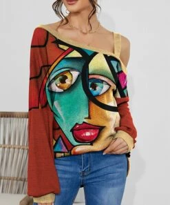 Best deal 🎁 IZURIA Burgundy Abstract Face Waffle-Knit Contrast Off-Shoulder Tunic - 👩 Women ✨