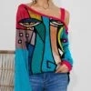 Buy 👏 IZURIA Blue & Fuchsia Abstract Face Waffle-Knit Contrast Off-Shoulder Tunic - Plus ⭐
