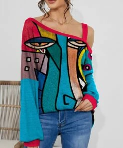 Buy 👏 IZURIA Blue & Fuchsia Abstract Face Waffle-Knit Contrast Off-Shoulder Tunic - Plus ⭐