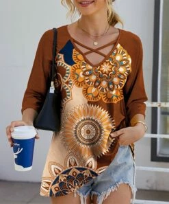 Deals 😍 IZURIA Brown & Orange Mandala Crisscross V-Neck Tunic - 👩 Women & Plus 🧨