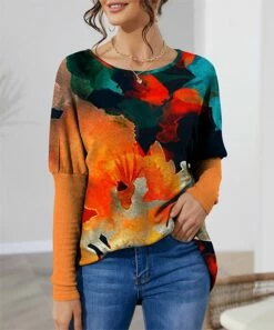 Wholesale ✔️ IZURIA Orange & Blue Abstract Waffle-Knit Balloon-Sleeve Tunic - 👩 Women 💯