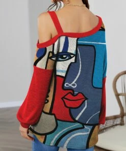 Discount 🎉 IZURIA Red & Blue Abstract Face Waffle-Knit Contrast Off-Shoulder Tunic - Plus ✔️ -IZURIA Sales Store zu99587473 alt 2 tm1632592086