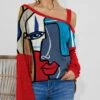 Discount 🎉 IZURIA Red & Blue Abstract Face Waffle-Knit Contrast Off-Shoulder Tunic - Plus ✔️