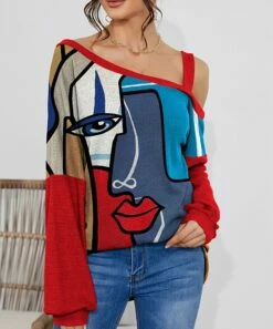Discount 🎉 IZURIA Red & Blue Abstract Face Waffle-Knit Contrast Off-Shoulder Tunic - Plus ✔️
