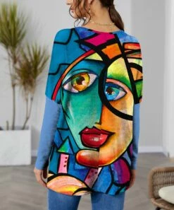 Hot Sale ⌛ IZURIA Light Blue & Blue Abstract Face Waffle-Knit Balloon-Sleeve Tunic - 👩 Women ⌛ -IZURIA Sales Store zu99587570 alt 2 tm1632592086