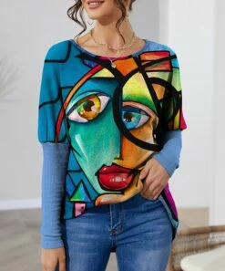 Hot Sale β IZURIA Light Blue & Blue Abstract Face Waffle-Knit Balloon-Sleeve Tunic - π© Women β