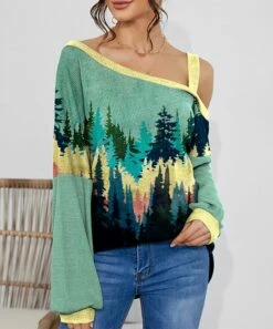 Wholesale ⭐ IZURIA Green & Yellow Forest Waffle Lantern-Sleeve Asymmetrical Top - 👩 Women 😉